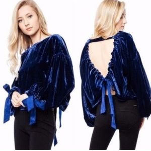 NWT Free People Whimsigoth Deep Blue Velvet Gypsy Pirate Tie Back Blouse Top XS
